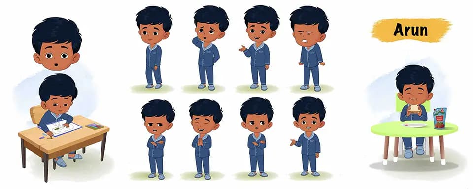 Boy in night dress animated vector cartoon character model sheet AKA Arun