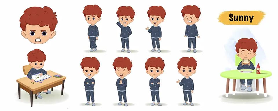 Little red hair boy animated vector cartoon character model sheet AKA Sunny