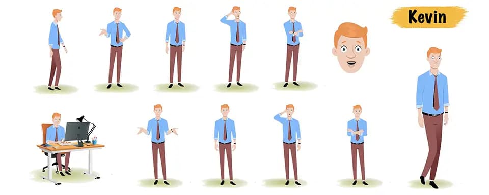 Office employee animated vector cartoon character model sheet AKA Kevin