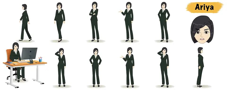 Business woman animated vector cartoon character model sheet AKA Ariya