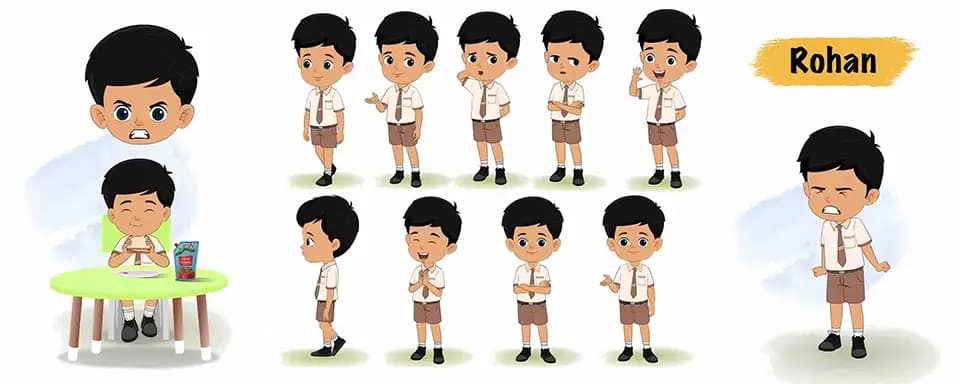 little Indian school boy animated vector cartoon character model sheet AKA Rohan