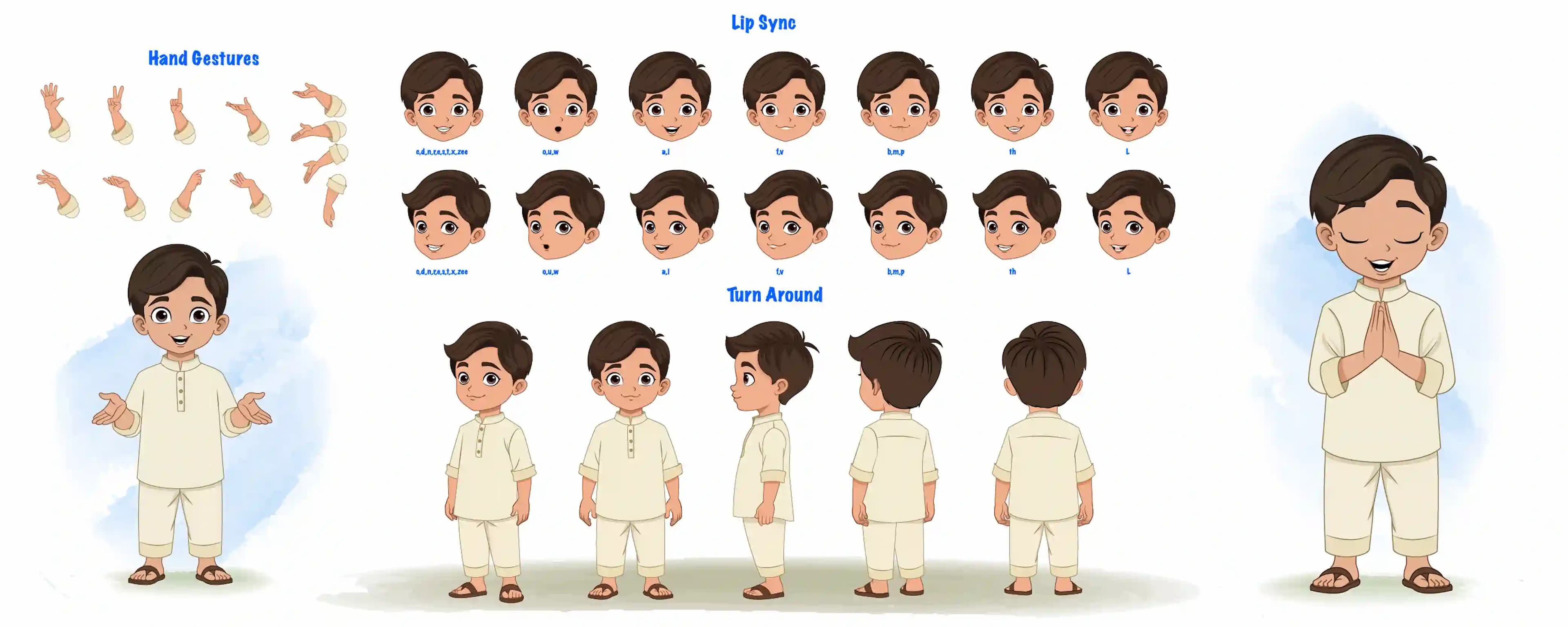 A boy in kurta pajama model sheet vector cartoon character model sheet, turnaround sheet, hand gesture and lip sync AKA Aryan
