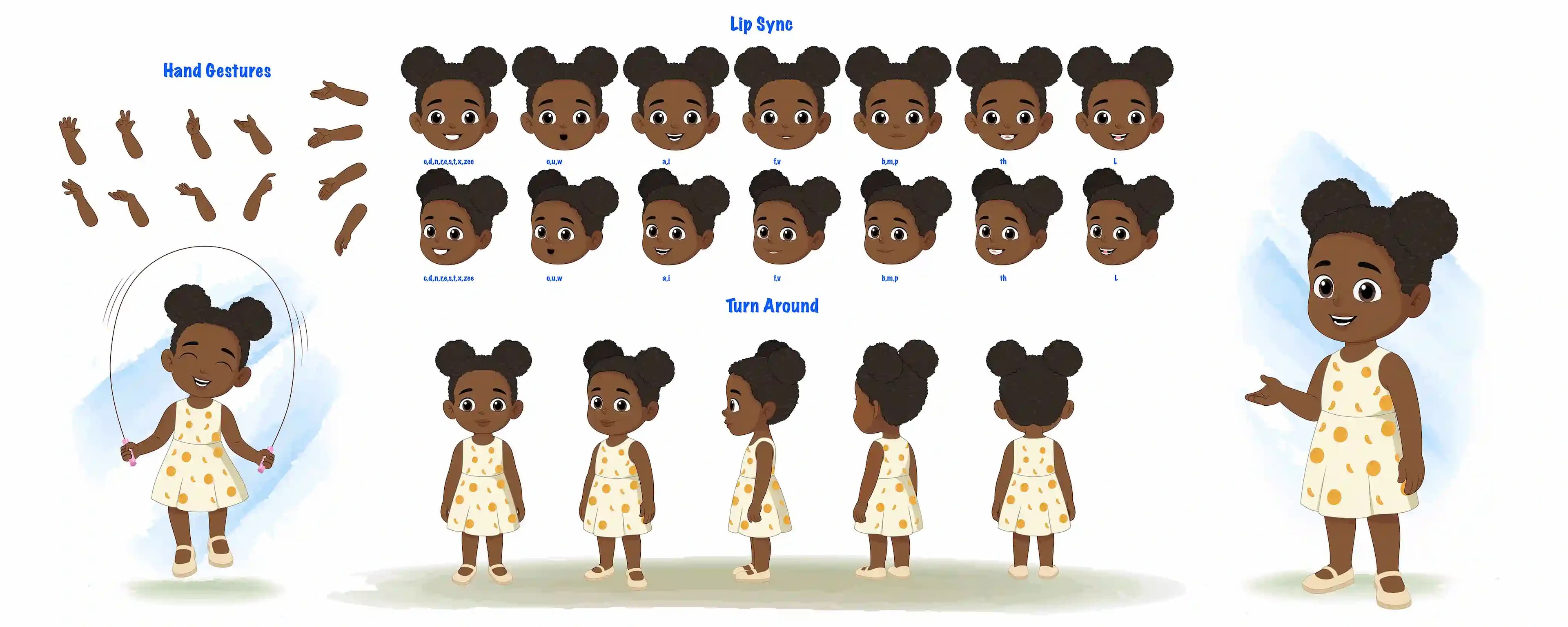 A African girl walk animated vector cartoon character model sheet, turnaround sheet, hand gestures, lip-sync AKA Nia