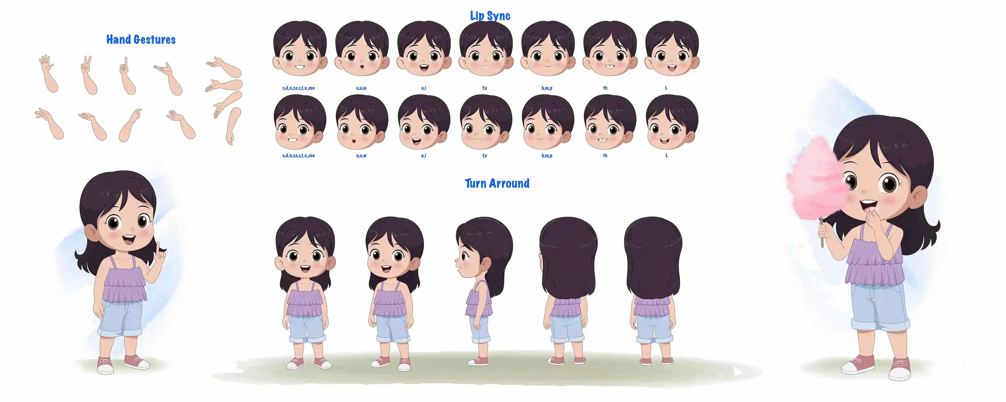 An adorable girl cartoon character construction/model sheet aka jane