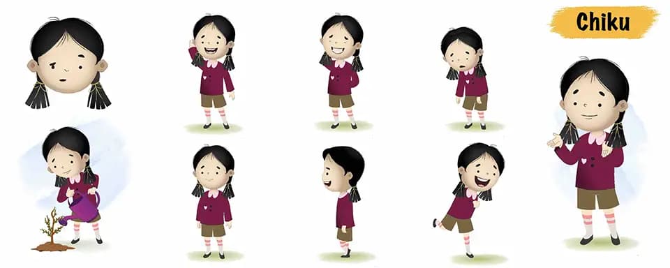 Cute girl animated vector cartoon character model sheet AKA chiku