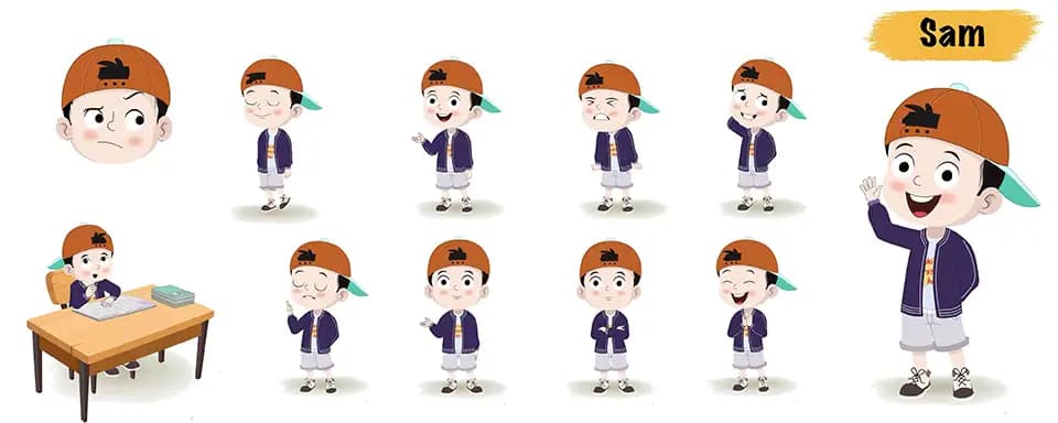 Cool boy animated vector cartoon character model sheet AKA Sam