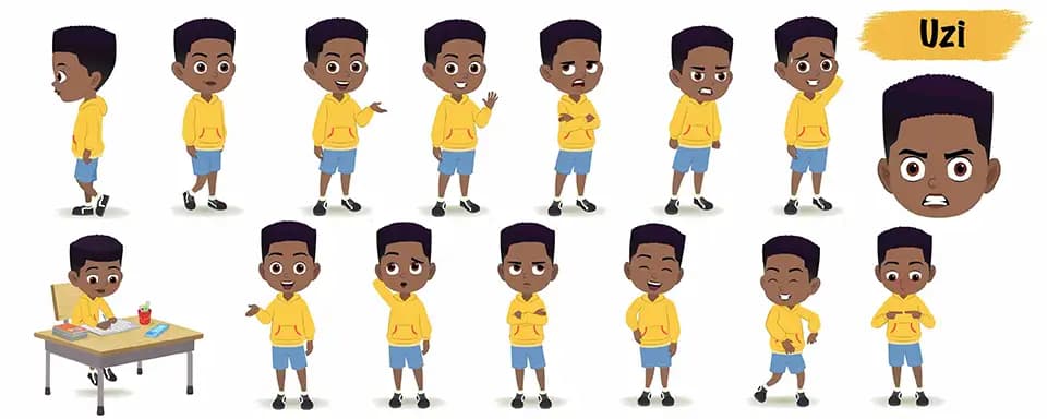 Smart black boy animated vector cartoon character model sheet AKA Uzi