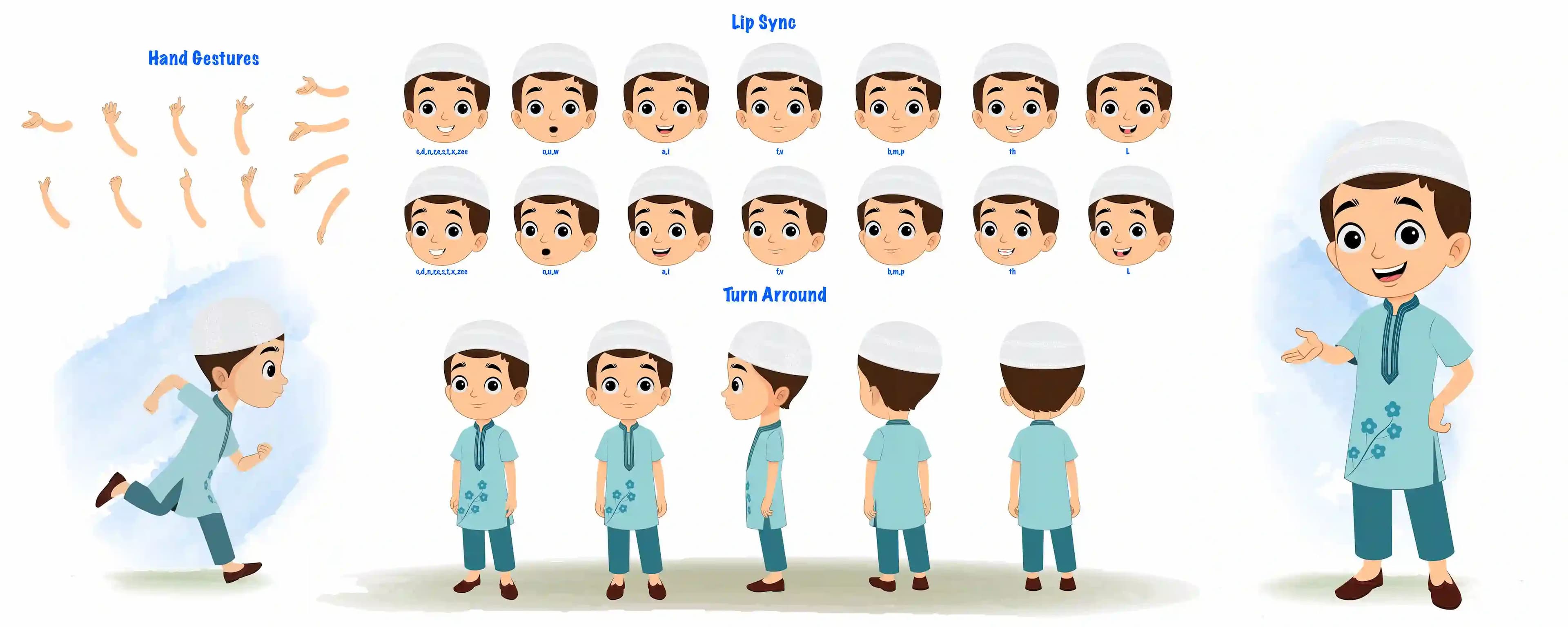 A cute muslim boy cartoon character construction/model sheet aka bittu