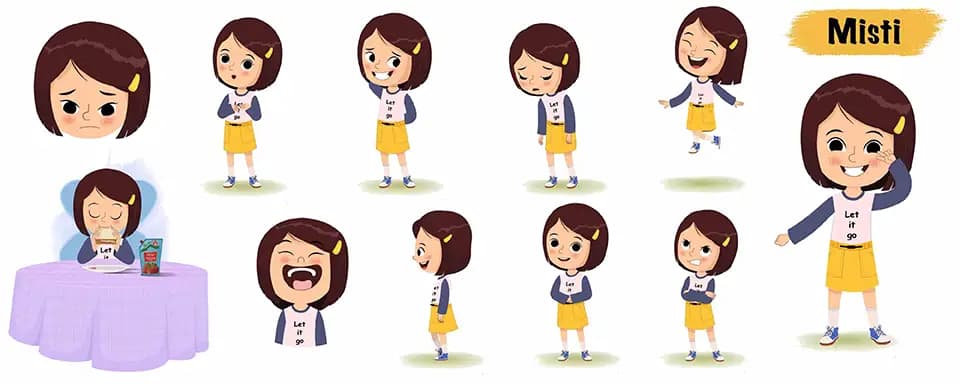 Cute little girl animated vector cartoon character model sheet AKA Misti
