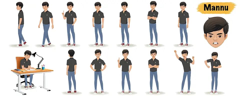 Indian teenage boy animated vector cartoon character model sheet AKA Mannu