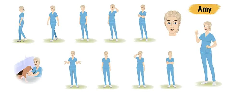 Beautiful female nurse animated vector cartoon character model sheet AKA Amy
