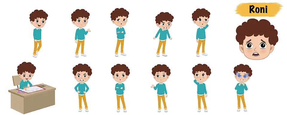 Curly hair smart boy animated vector cartoon character model sheet AKA Roni