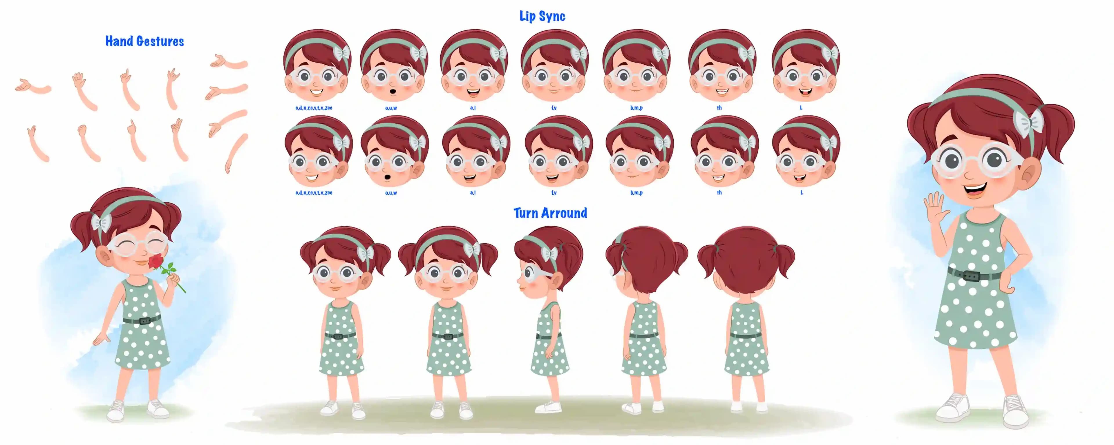 A cute little girl cartoon character construction/model sheet aka naina