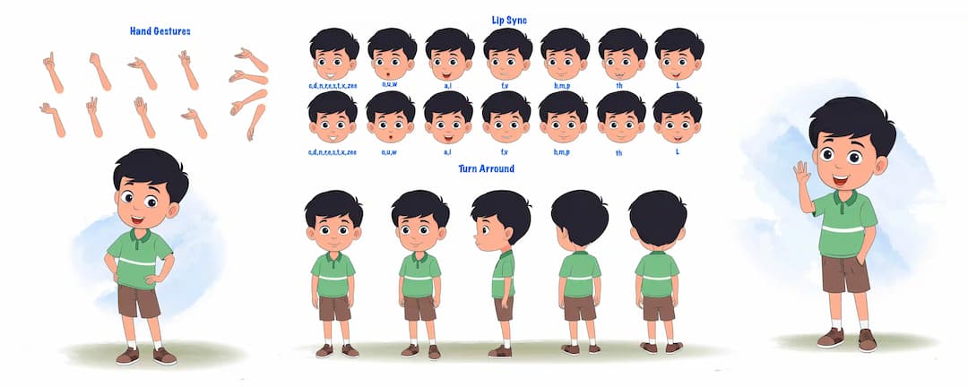 A cute Indian boy cartoon character construction/model sheet aka ivaan