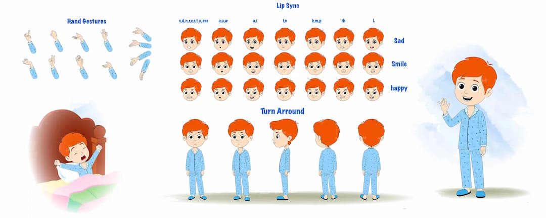 A boy in night dress cartoon character construction/model sheet AKA adit