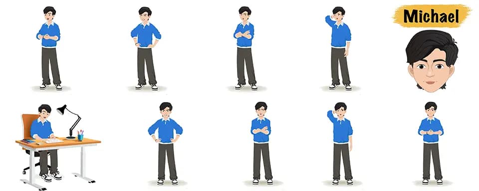 Korean young boy animated vector cartoon character model sheet AKA Michael