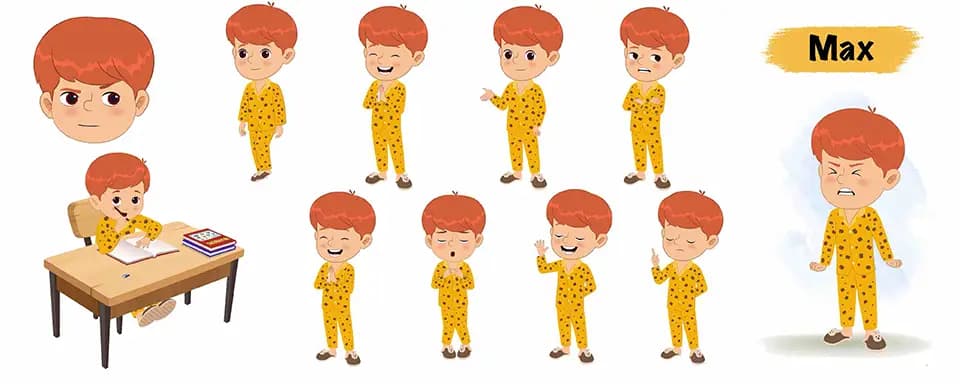 Boy in night dress animated vector cartoon character model sheet AKA Max