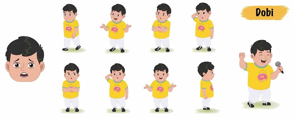 Indian fat boy animated vector cartoon character model sheet AKA Dobi