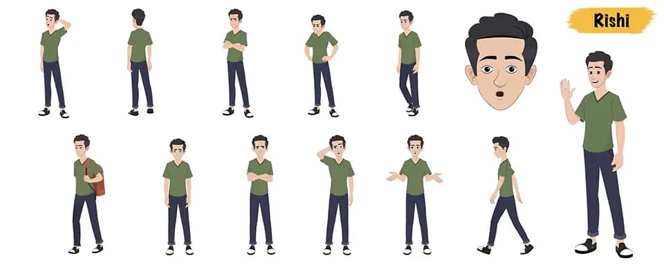 Teenage boy animated vector cartoon character model sheet AKA Rishi