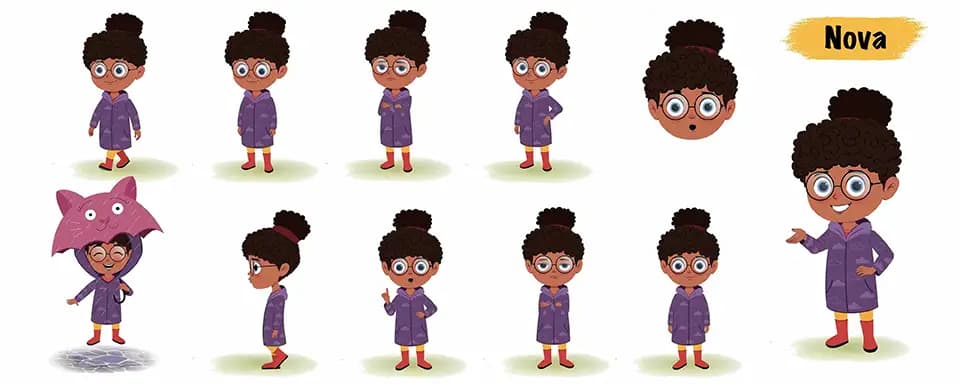 Black girl in winter clothes animated vector cartoon character model sheet in AKA Nova