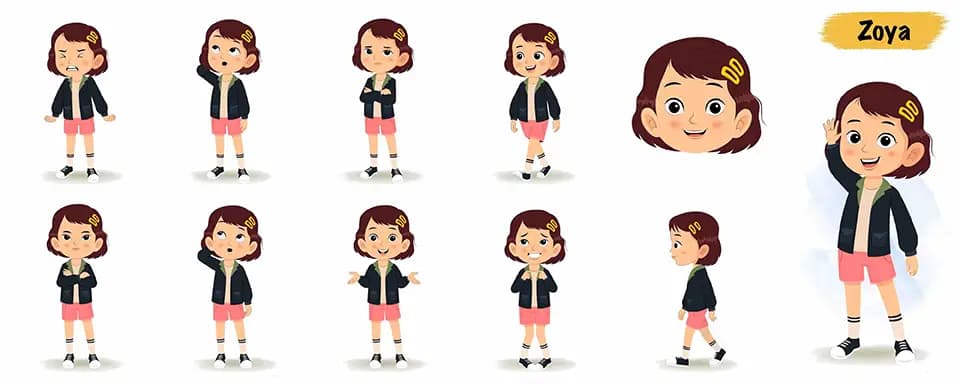 Cute girl animated vector cartoon character model sheet AKA Zoya