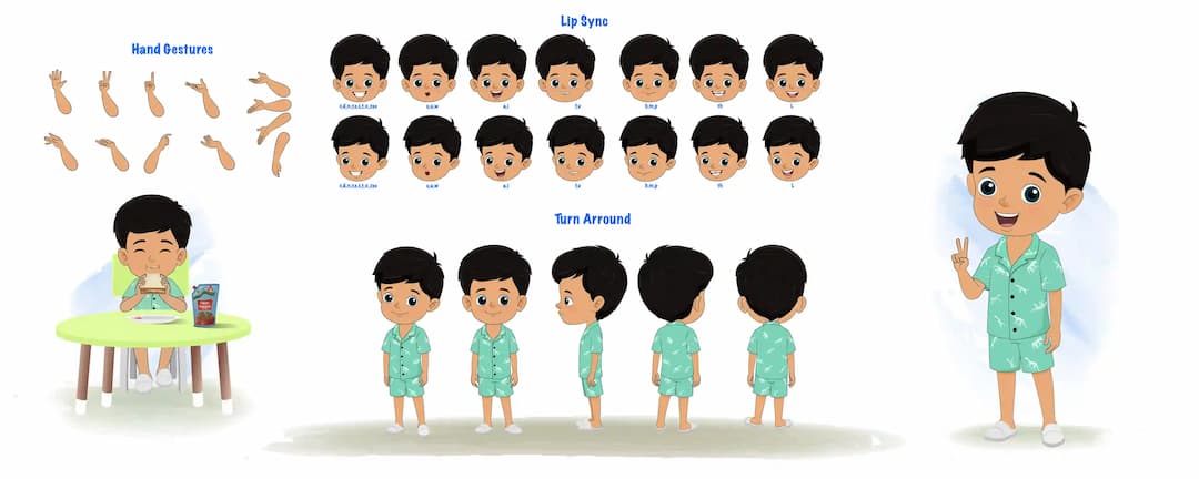 A cute little boy cartoon character construction/model sheet aka rohan
