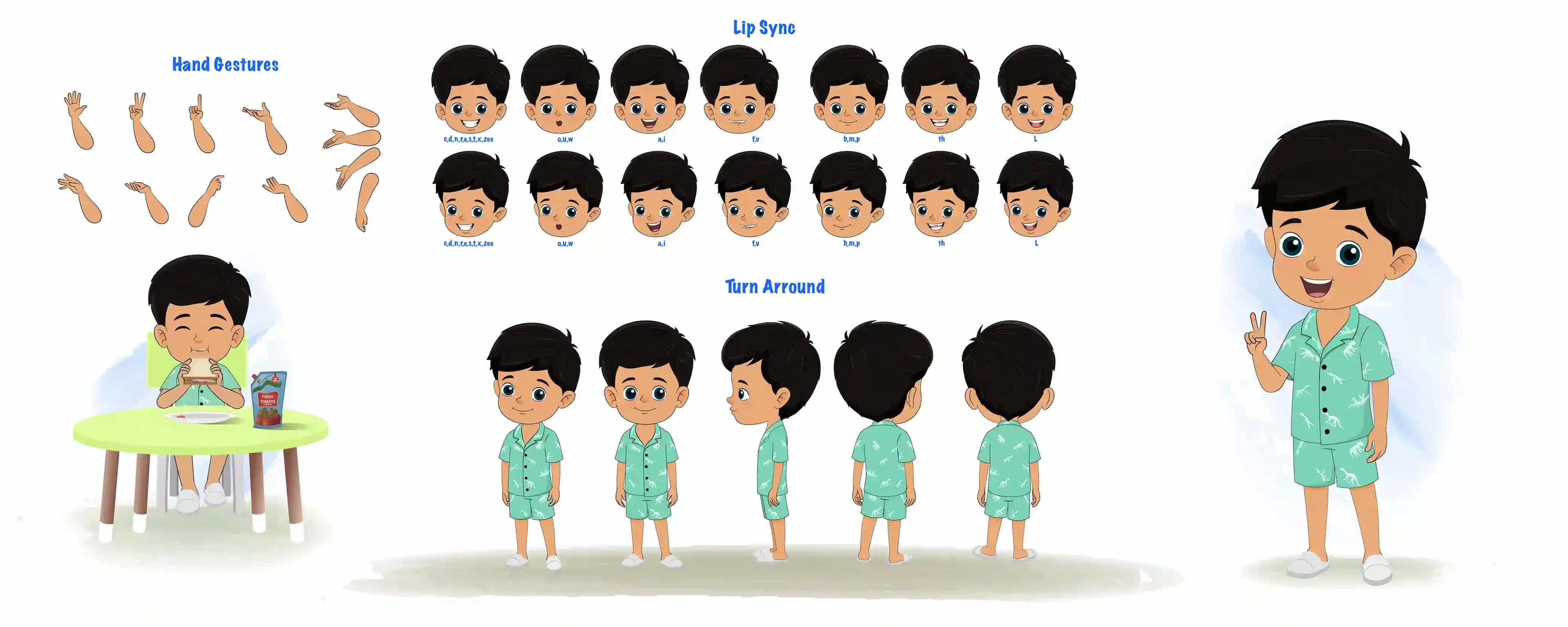 A cute little boy cartoon character construction/model sheet aka rohan