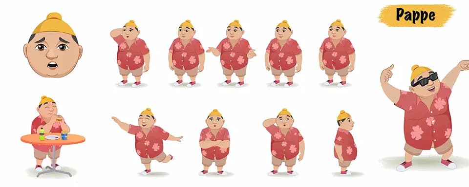 Punjabi boy animated vector cartoon character model sheet AKA Pappe