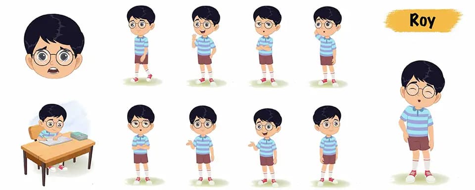 Little boy animated vector cartoon character model sheet AKA Roy