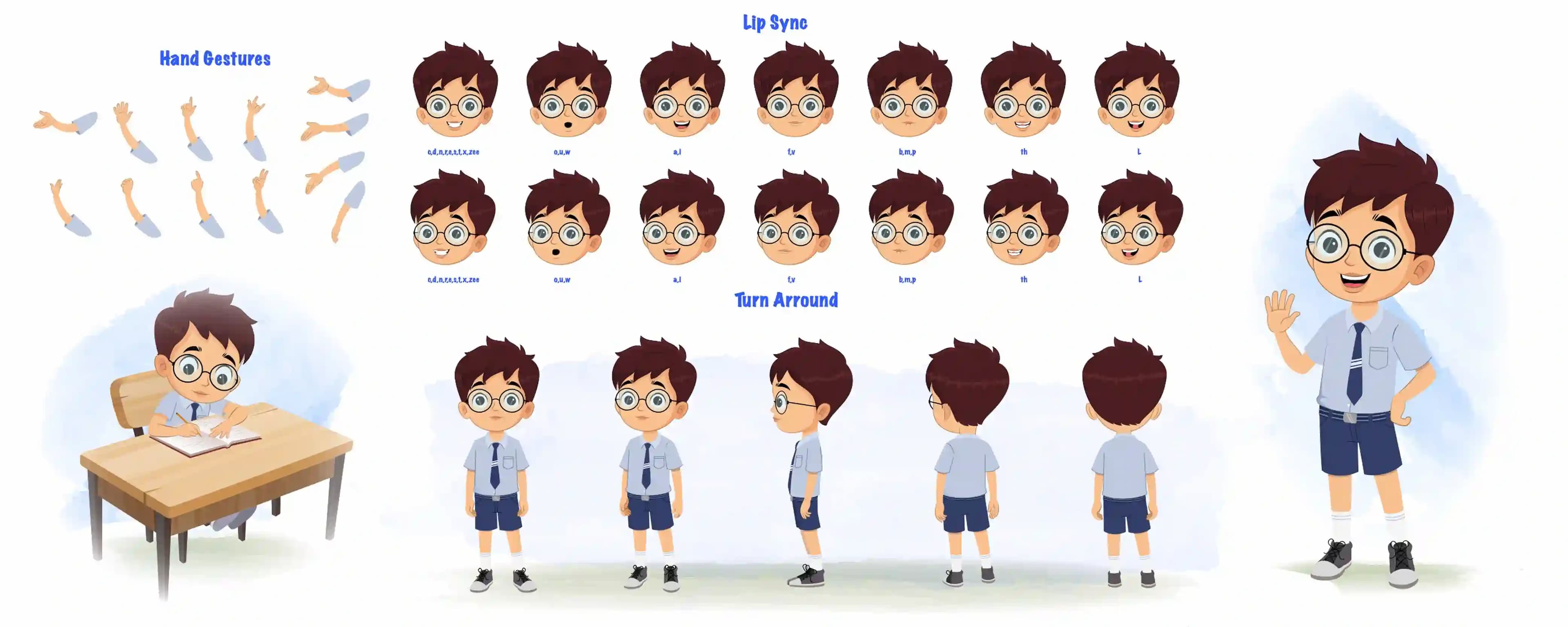 A school boy cartoon character construction/model sheet aka harry