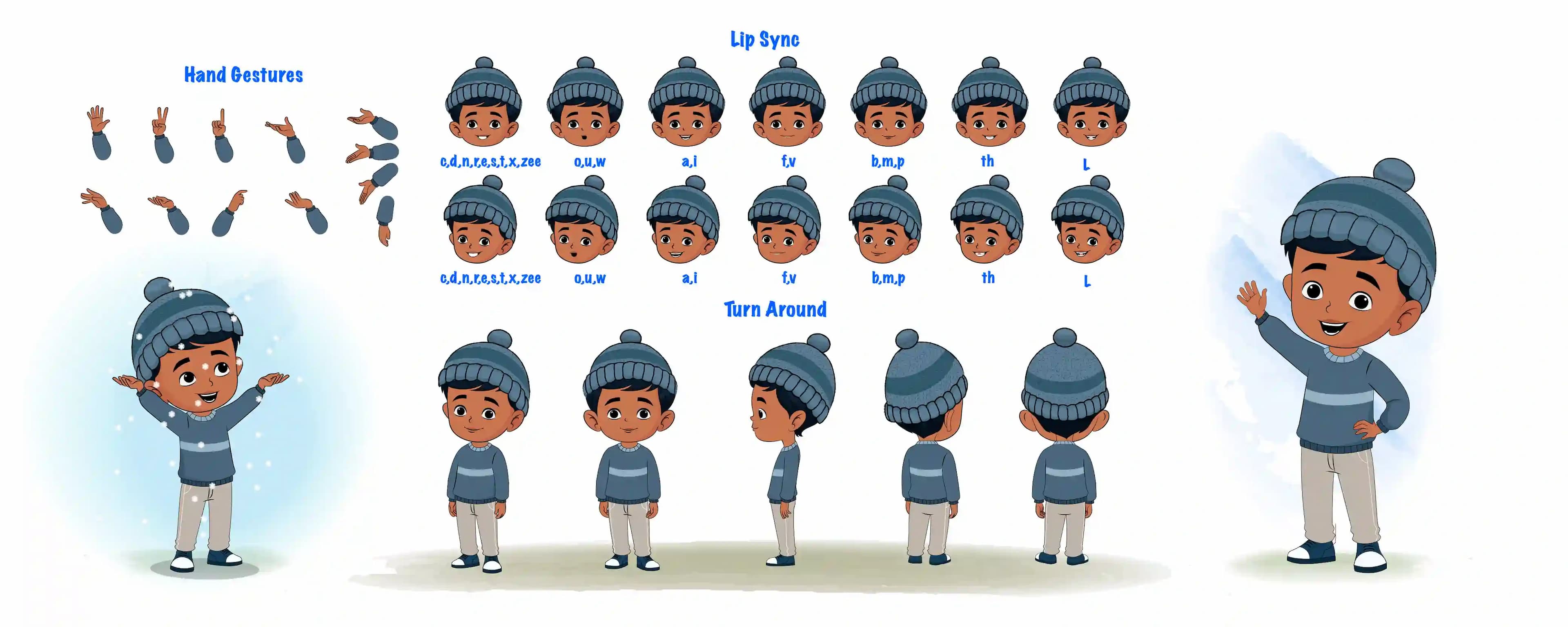 A little boy cartoon character construction/model sheet aka arun