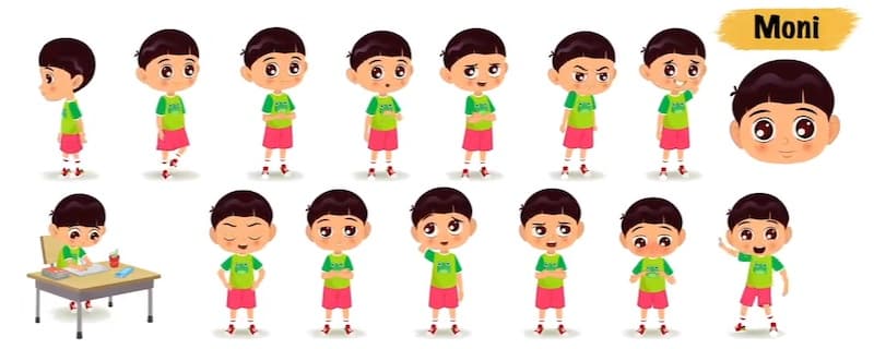 Little boy animated vector cartoon character model sheet AKA moni