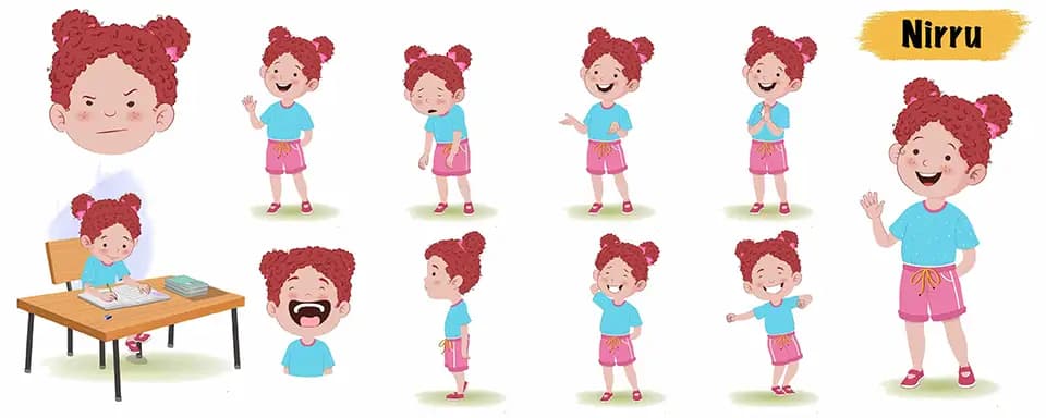 Red hair little girl animated vector cartoon character model sheet AKA Nirru