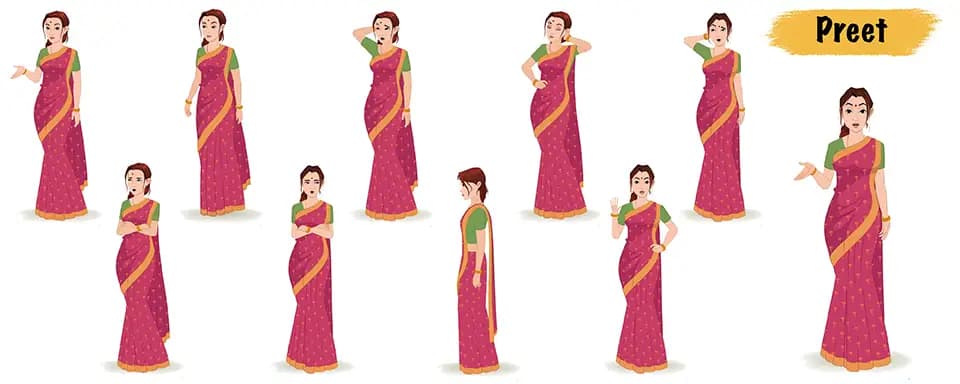 Beautiful Indian woman in saree animated vector cartoon character model sheet AKA Preet