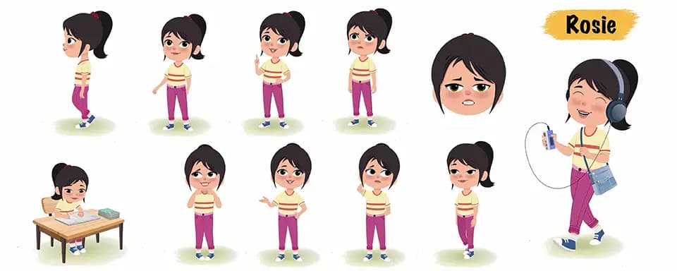 Little girl animated vector cartoon character model sheet AKA Rosie