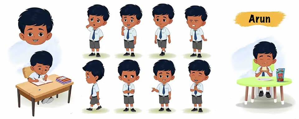 Indian school boy animated vector cartoon character model sheet AKA Arun