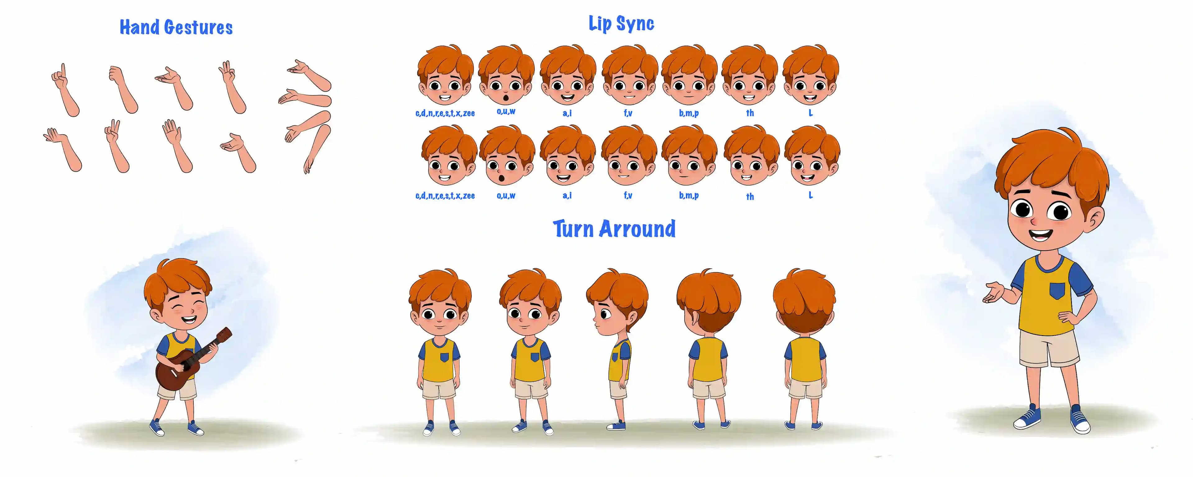 A red hair boy cartoon character construction/model sheet aka leo