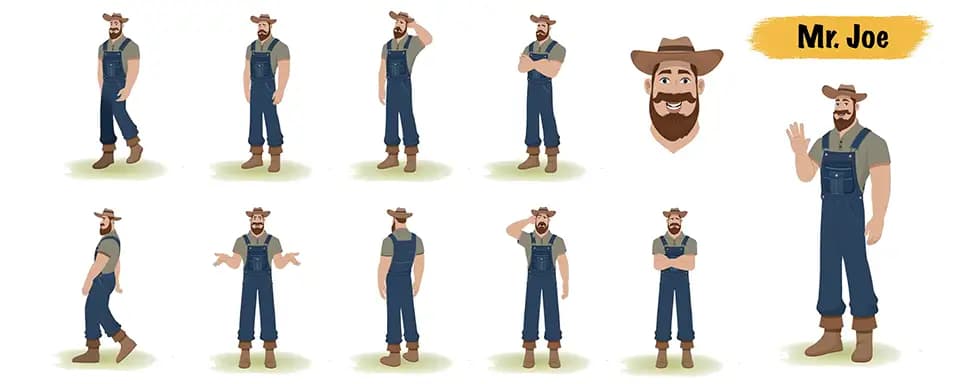 American farmer animated vector cartoon character model sheet AKA Mr.Joe