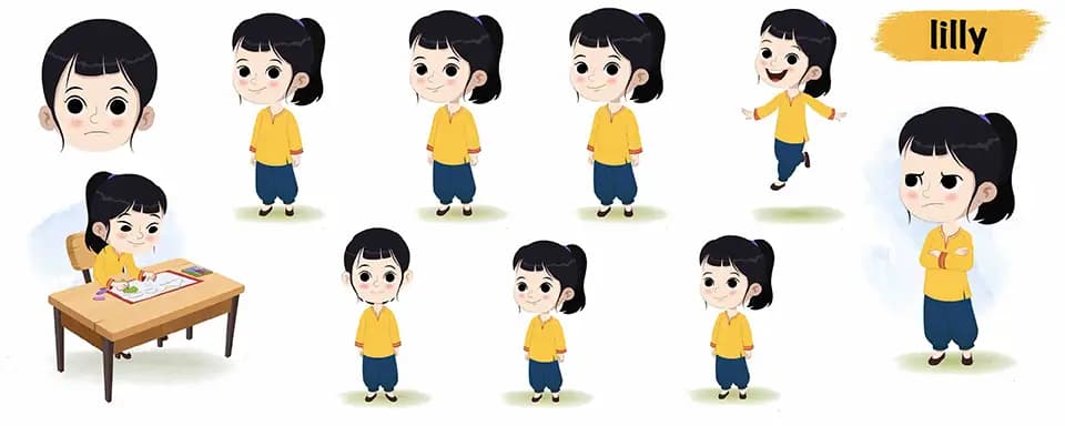 Cute Indian girl animated vector cartoon character model sheet AKA Lilly