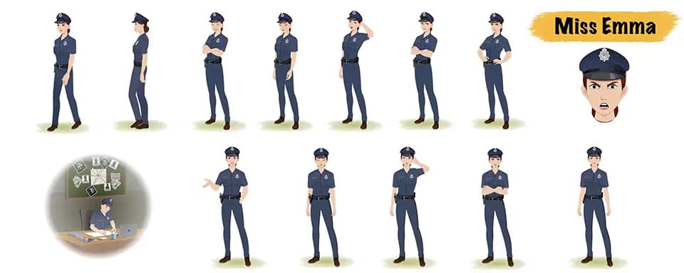 Female police officer animated vector cartoon character model sheet AKA Miss Emma