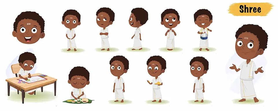 South Indian boy animated vector cartoon character model sheet AKA Shree