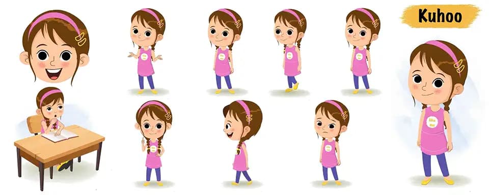 Pretty little girl animated vector cartoon character model sheet AKA Kuhoo