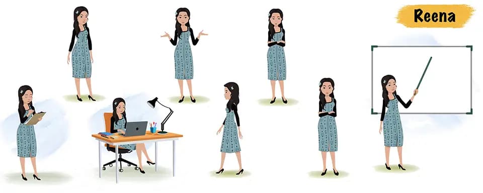 Indian young female teacher animated vector cartoon character model sheet AKA Renna