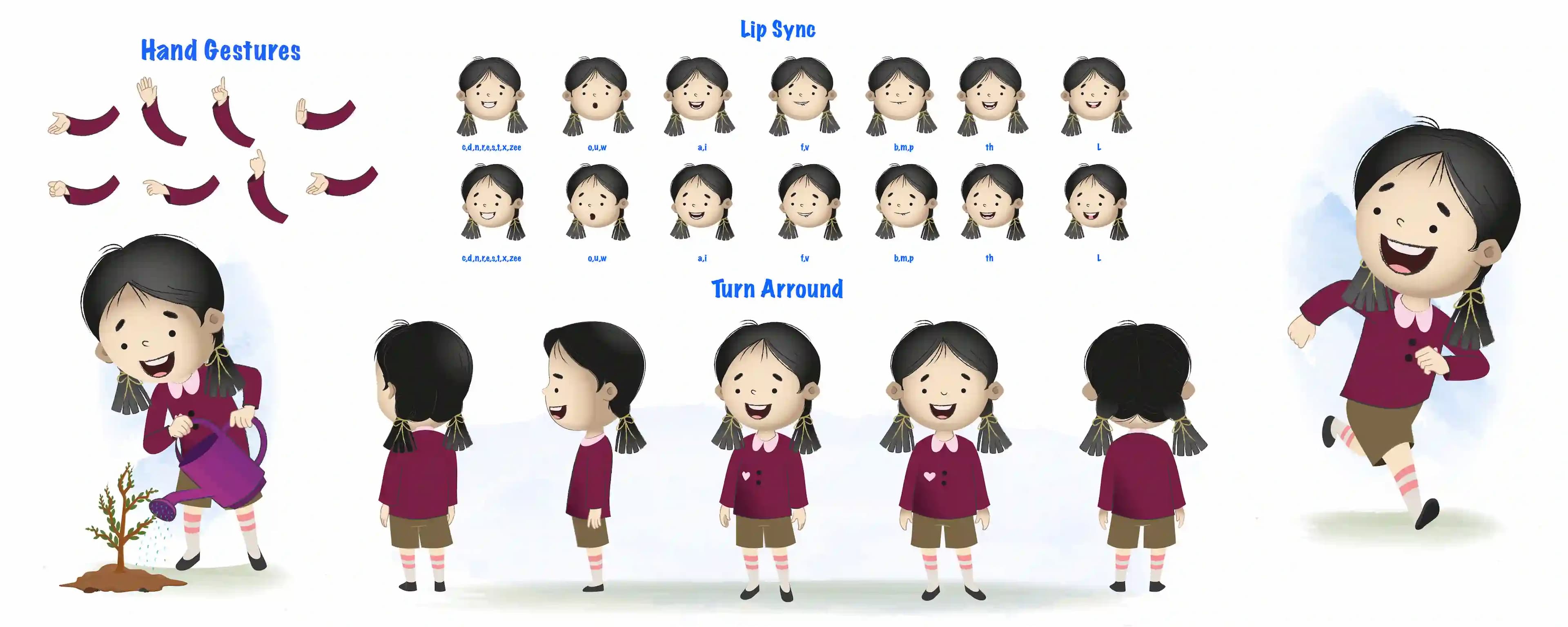 A school girl cartoon character construction/model sheet aka chiku