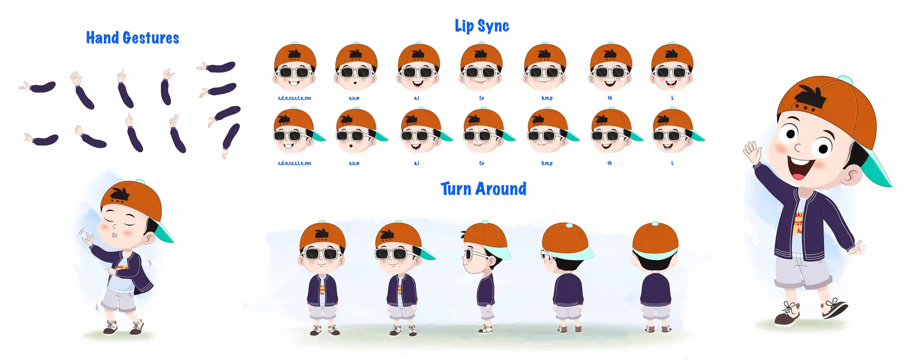 A cool boy cartoon character construction/model sheet aka sam