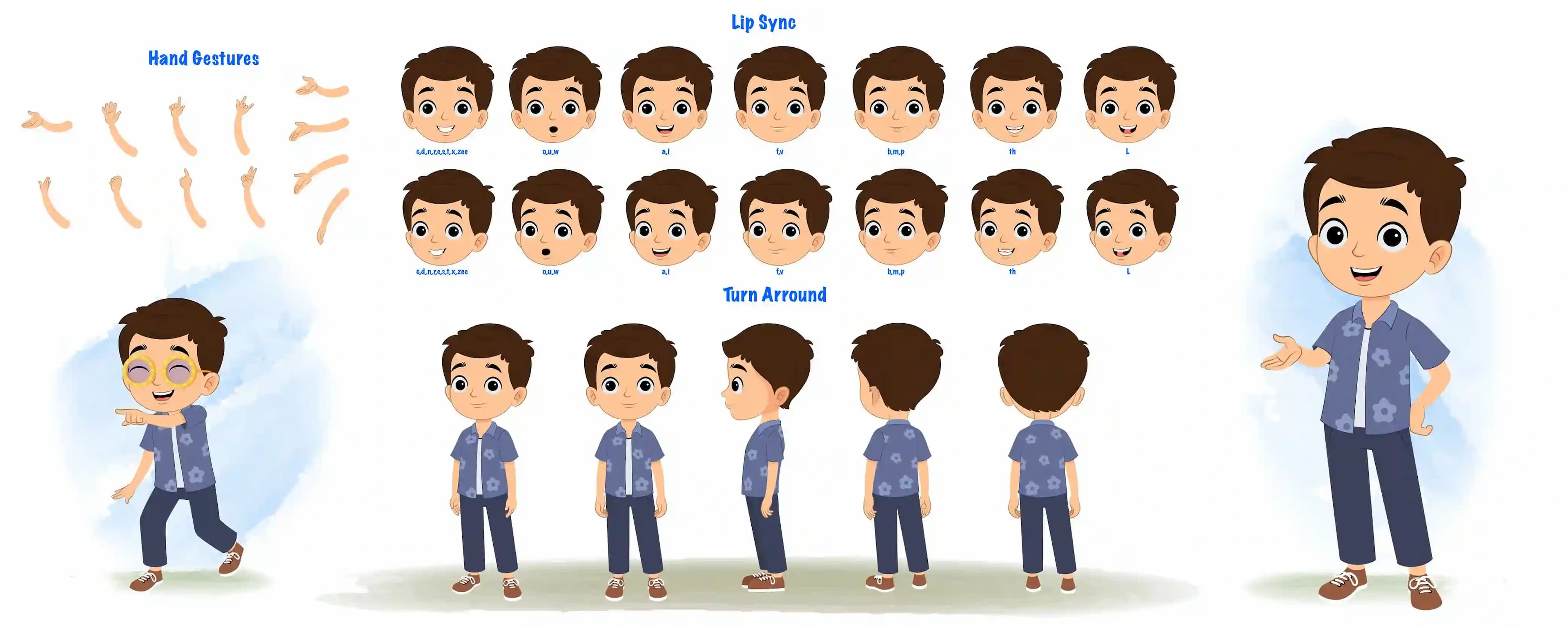 A smart boy cartoon character construction/model sheet aka bittu