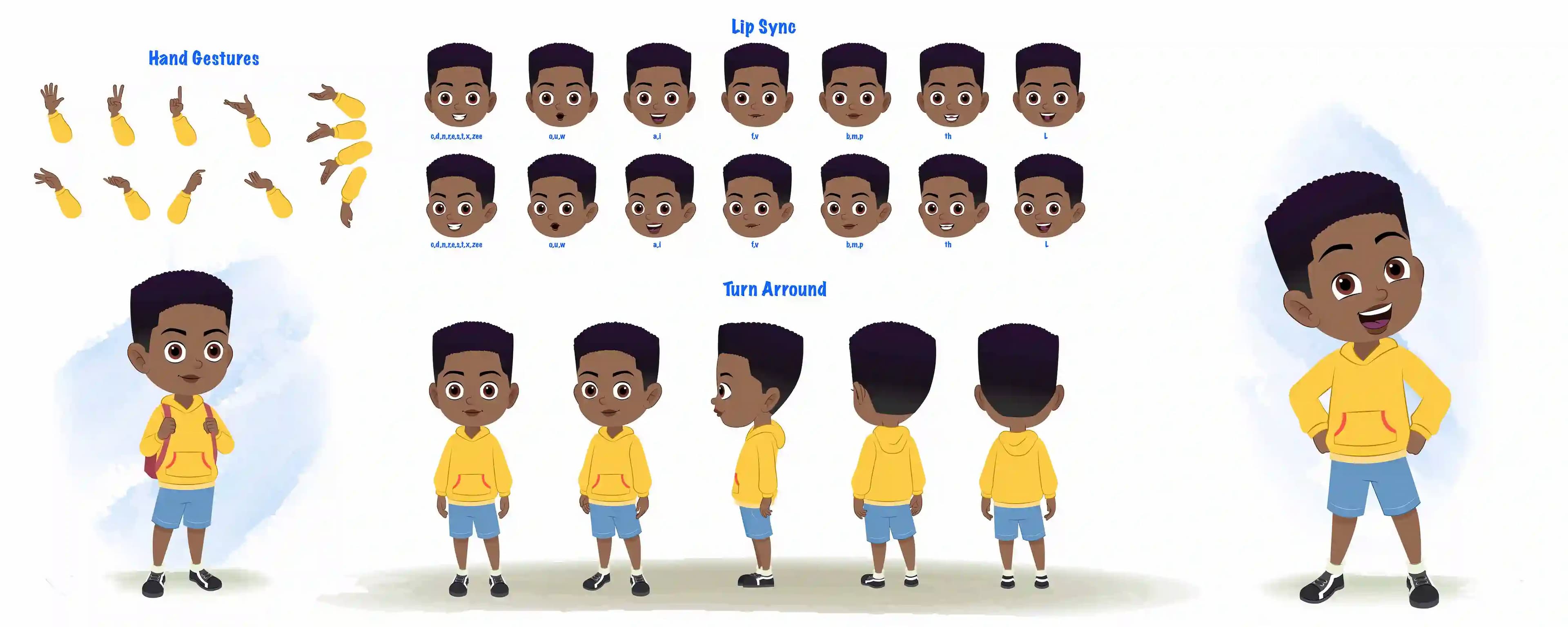 A black boy cartoon character construction/model sheet aka uzi