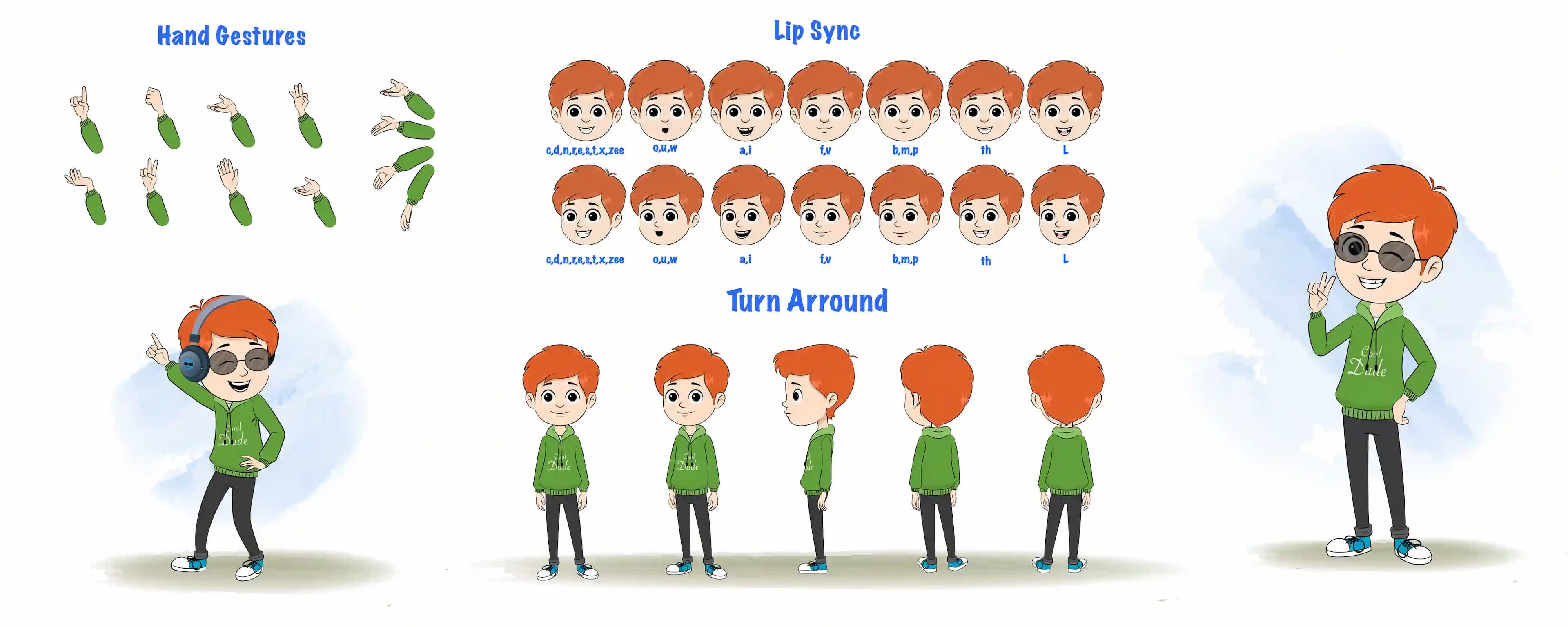 A smart boy cartoon character construction/model sheet aka adit