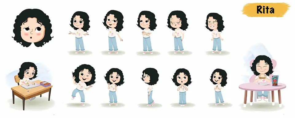 Little curly hair girl animated vector cartoon character model sheet AKA Rita