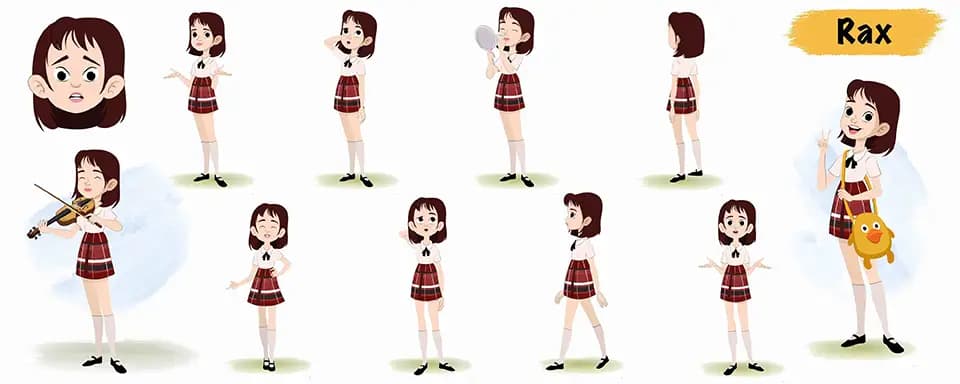 Skinny girl animated vector cartoon character model sheet AKA Rax